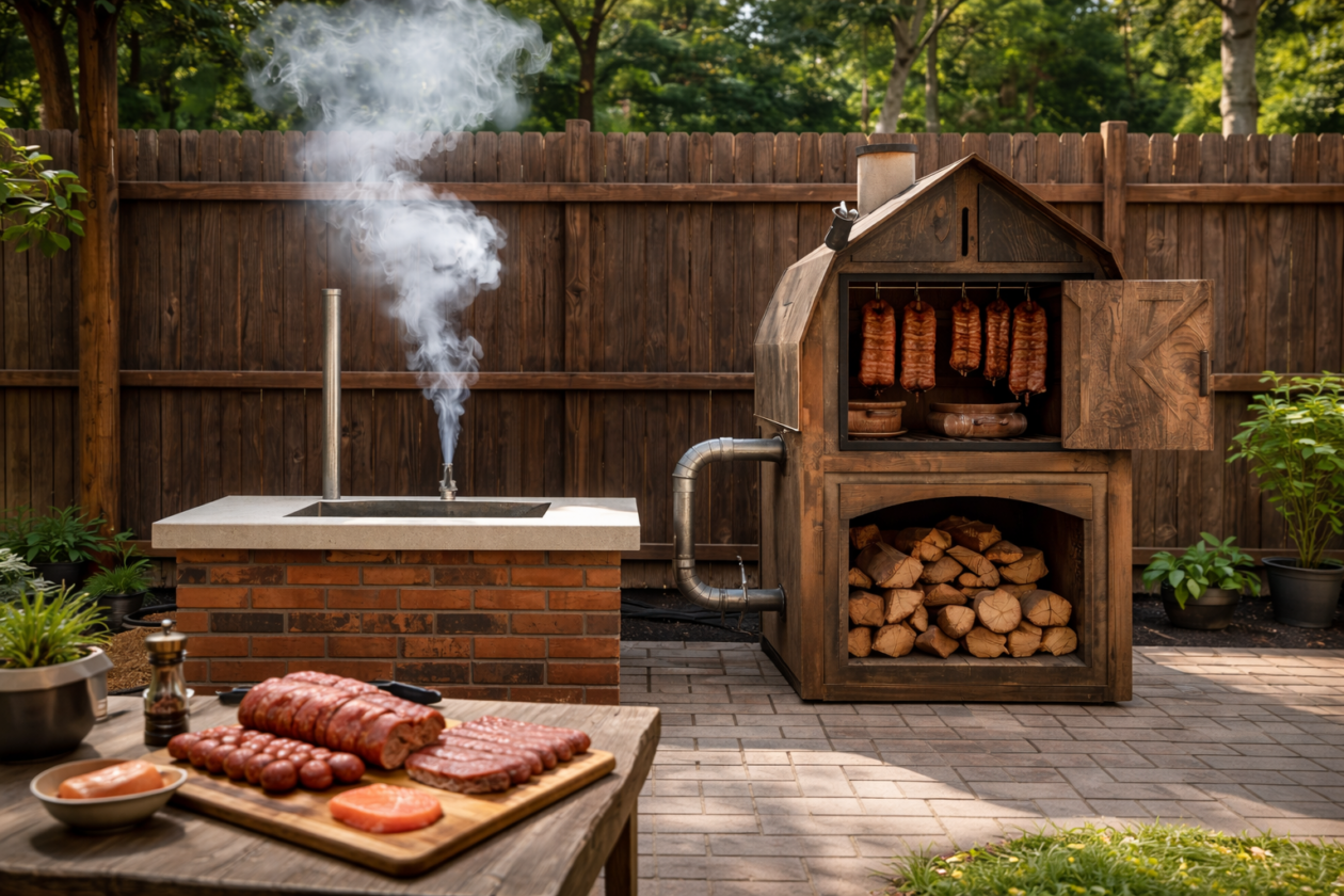 Traditional backyard smokehouse with separate firebox used for hot smoking and preserving meat
