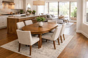 Oval dining table in a dining room showing open walkways and flexible seating