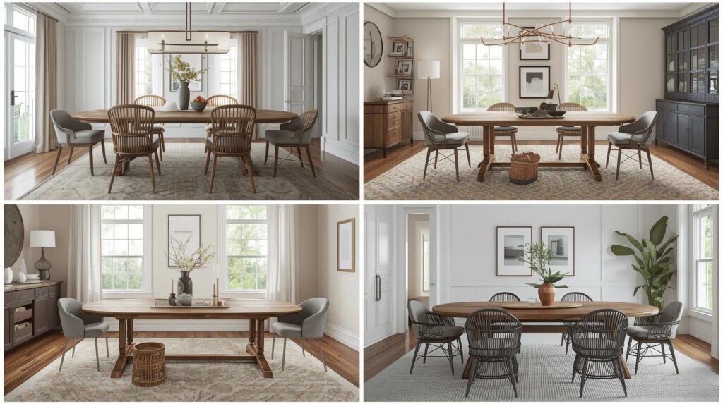 Oval dining table fitting comfortably in a small dining area