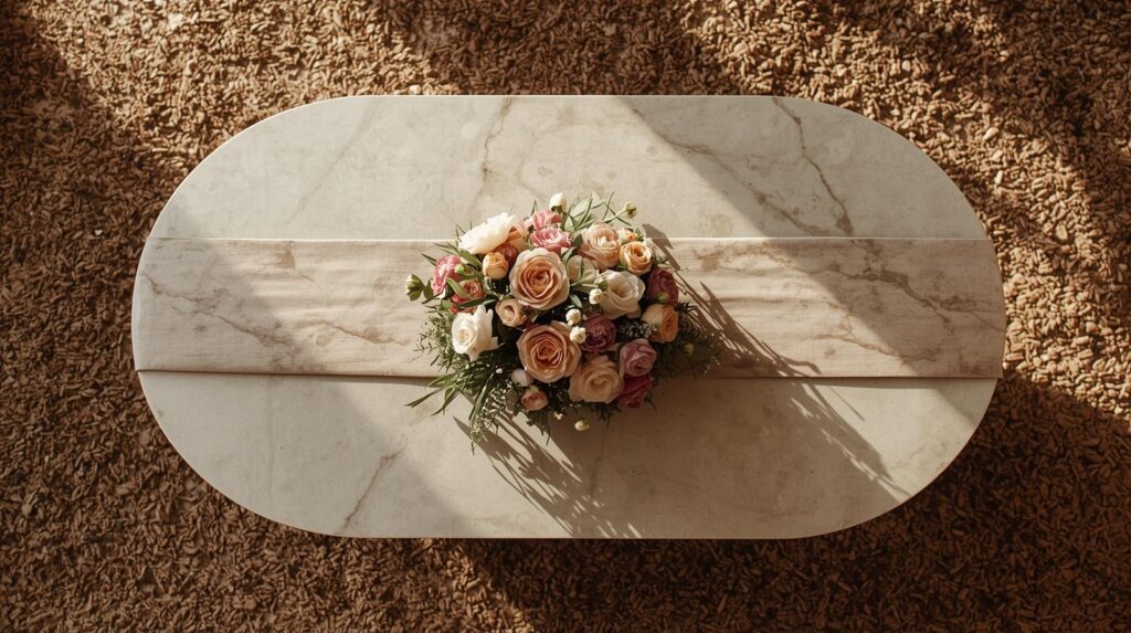 Styled oval dining table with simple centerpiece and rug