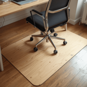 DIY plywood chair mat under an office chair protecting hardwood floor