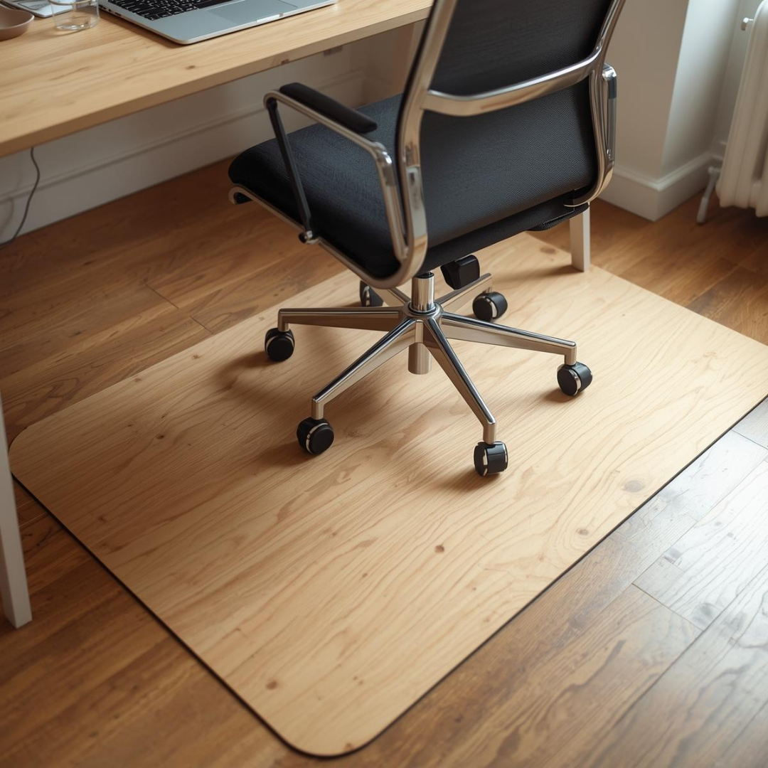 DIY plywood chair mat under an office chair protecting hardwood floor