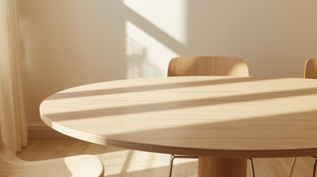 Oval dining table in a real dining room with open walkways and natural light