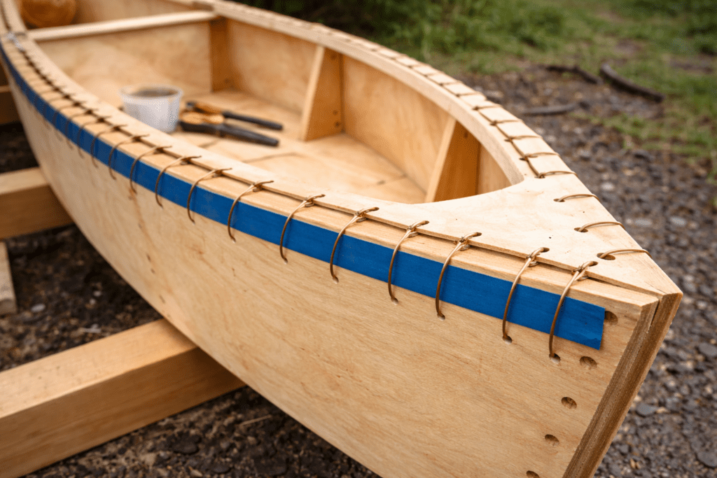 Stitch-and-glue method holding plywood canoe panels together