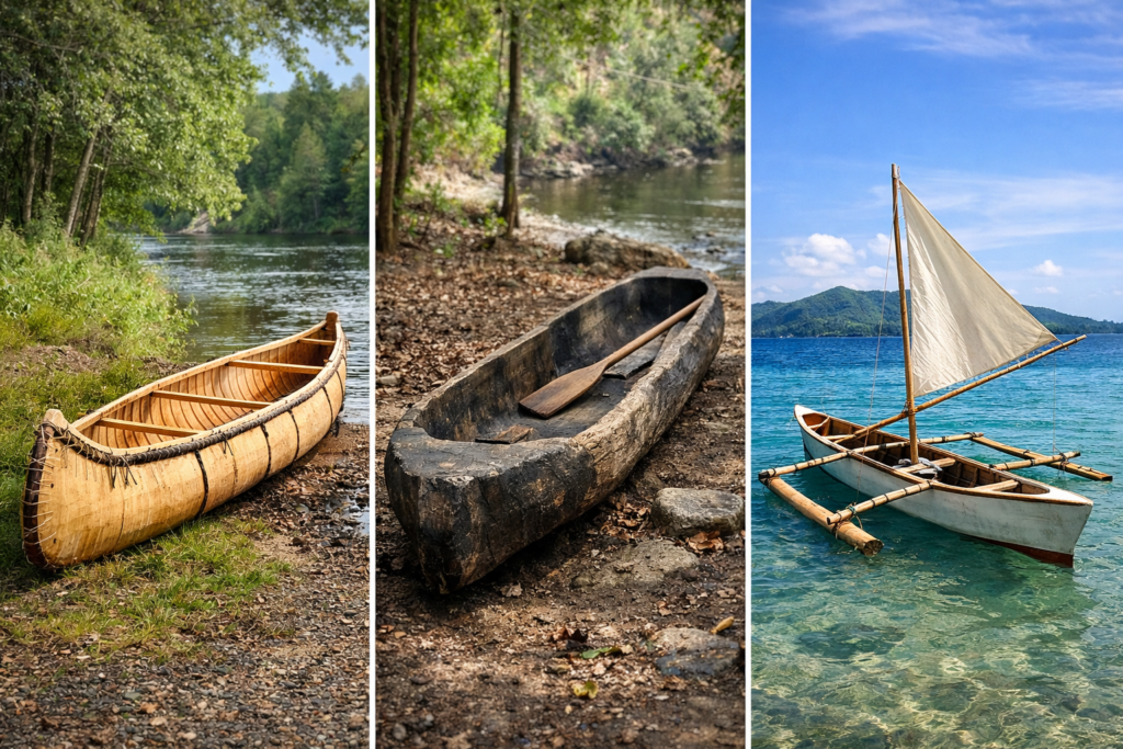 Traditional canoe designs including birch bark, dugout, and outrigger canoes
