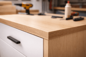 Finished plywood cabinet edge with wood veneer edge banding for a clean professional finish