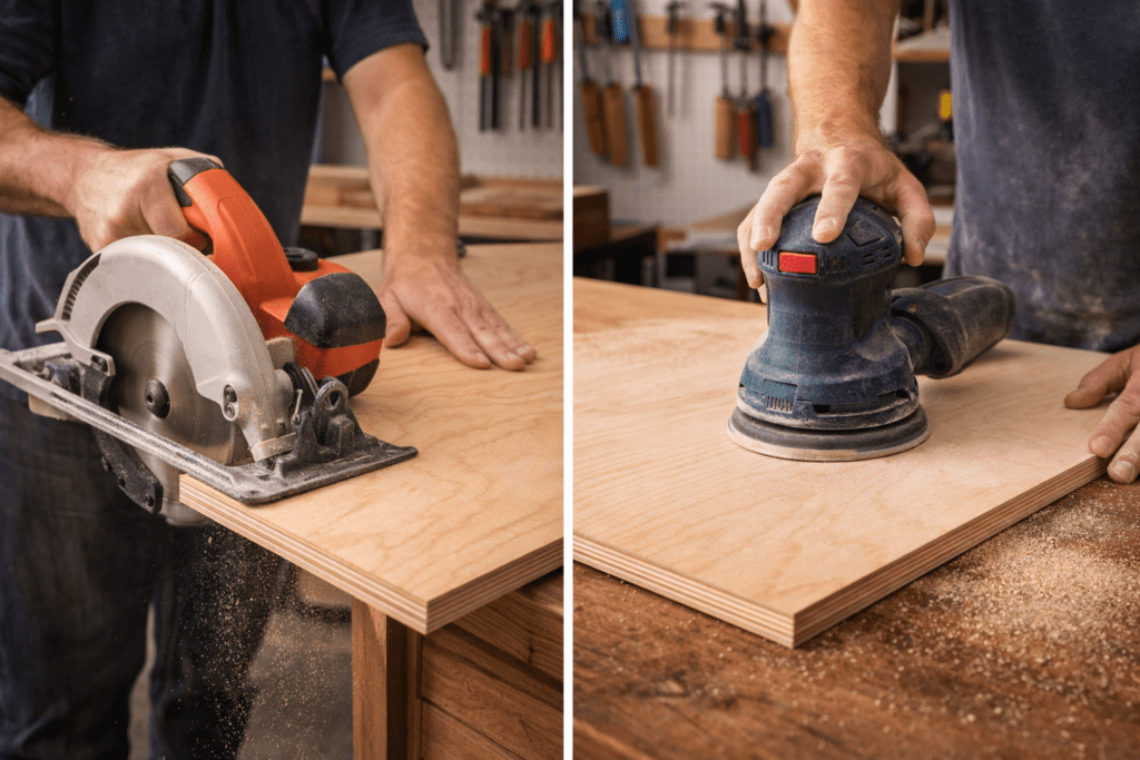 Cutting and sanding plywood panel before mounting poster”