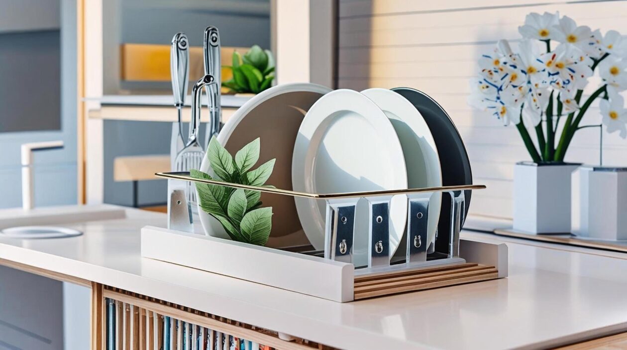 wooden dish drainer made from plywood holding plates on kitchen counter