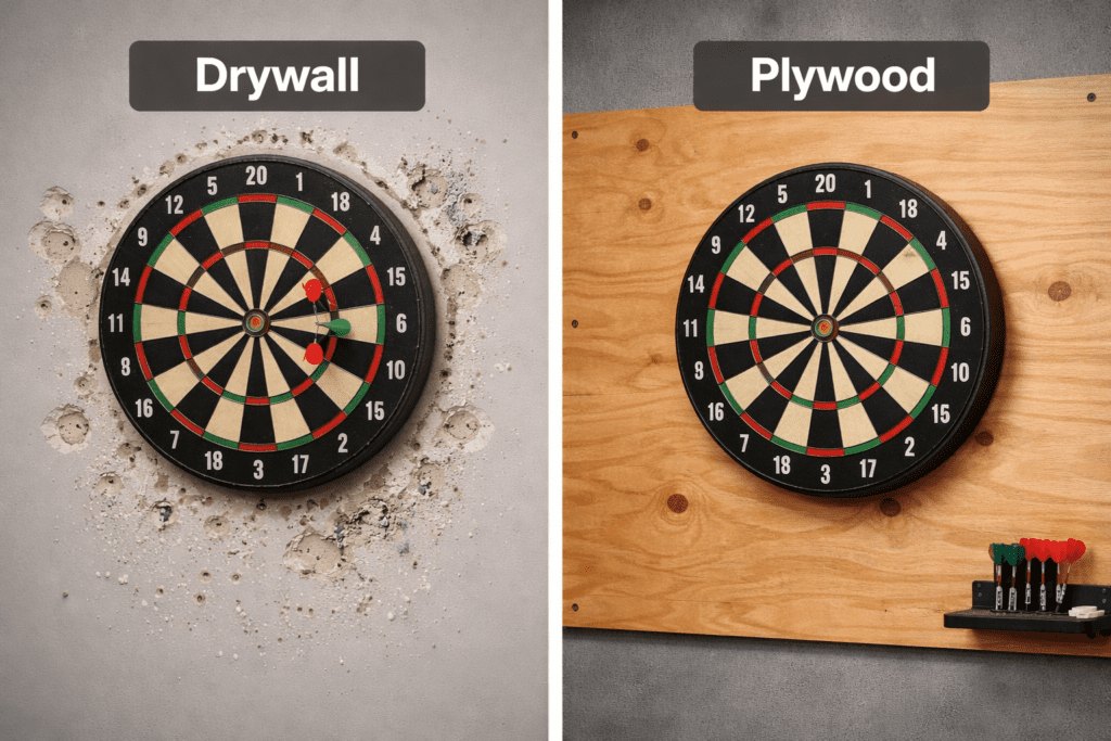 dartboard drywall damage compared to plywood dart wall backing
