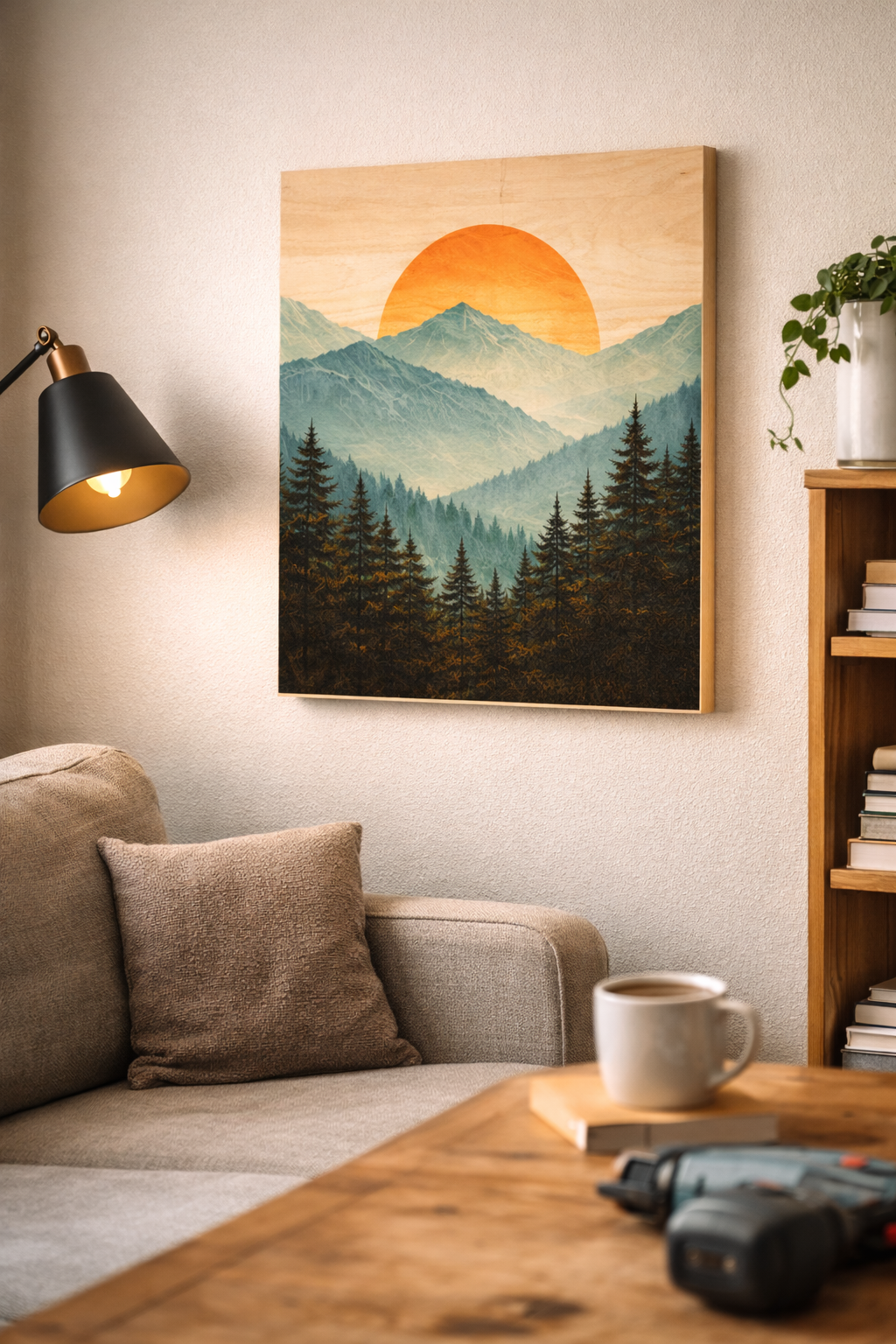 DIY wooden poster mounted on plywood board displayed as modern living room wall art