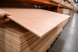 Thin luan plywood sheet being lifted in a home improvement store, showing lightweight design and smooth surface