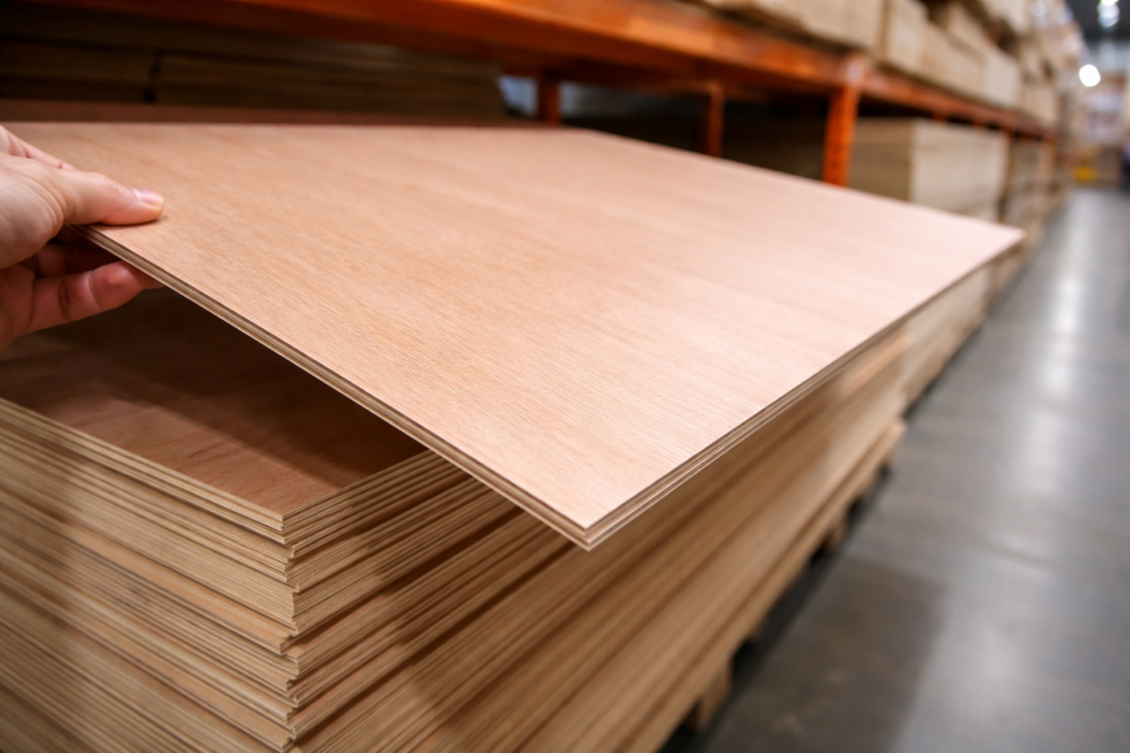 Thin luan plywood sheet being lifted in a home improvement store, showing lightweight design and smooth surface