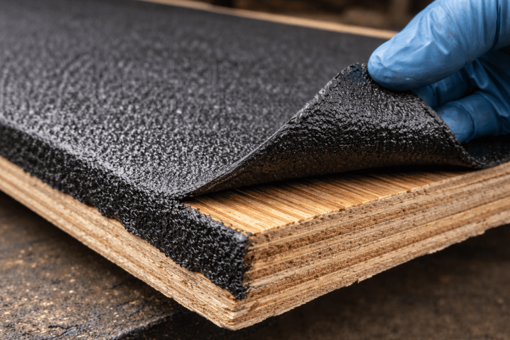 Close-up of spray-on bed liner coating on rhino lining plywood showing flexible textured surface
