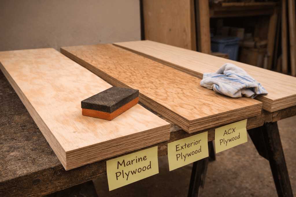 rhino lining plywood sheets acclimating indoors and being sanded and cleaned before bed liner application