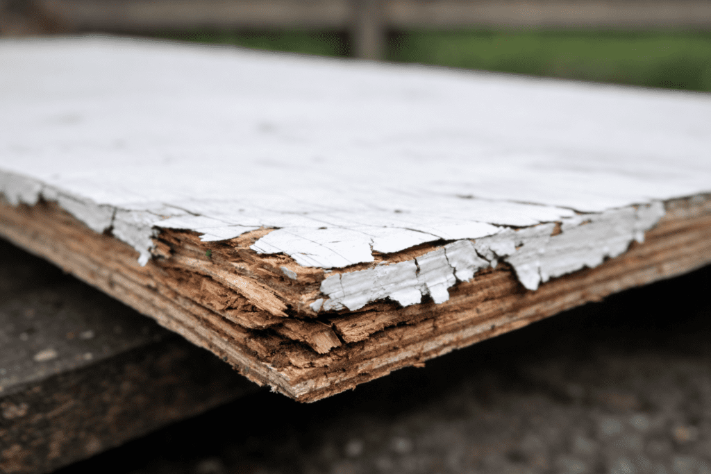 Painted rhino lining plywood showing edge swelling and early delamination after outdoor exposure