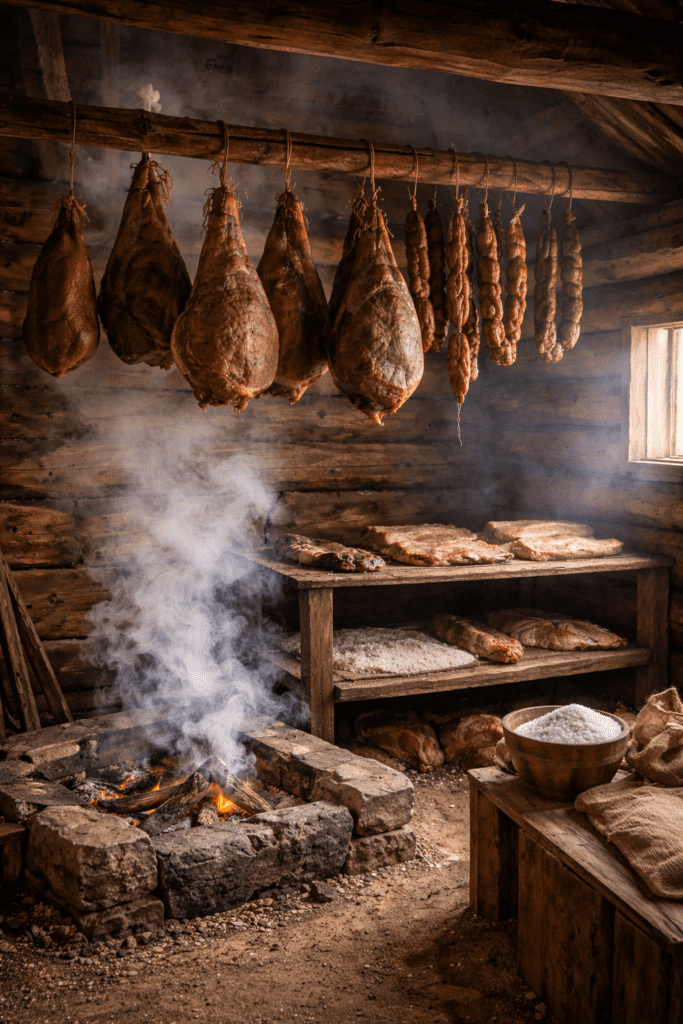 Meat hanging on racks and hooks inside a traditional smokehouse