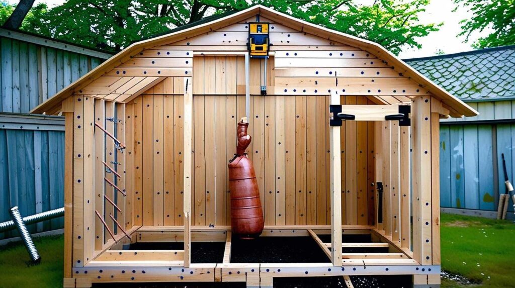 Basic wooden smokehouse structure showing walls and roof framing