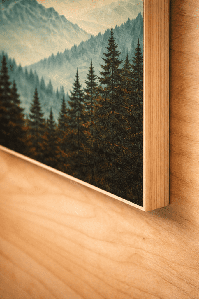 Close-up of artwork bonded to wooden board showing smooth edges