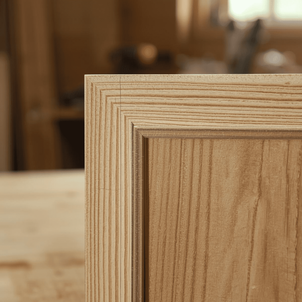 floating plywood panel installed inside cabinet door frame