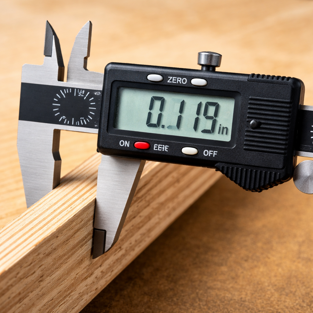 Digital caliper measuring actual 23/32 inch plywood thickness instead of nominal 3/4 inch