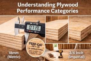 Composite image showing plywood performance category stamp (PERF-CAT PS1-09), digital caliper measuring 23/32 inch plywood thickness, sanded vs unsanded panels, and structural subfloor installation