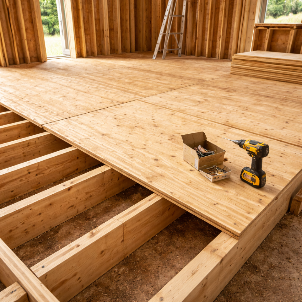 Structural plywood subfloor installed over floor joists showing proper panel spacing