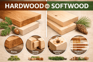 Side-by-side comparison of hardwood and softwood boards showing grain, pores, joinery strength, splintering, and Janka hardness differences.