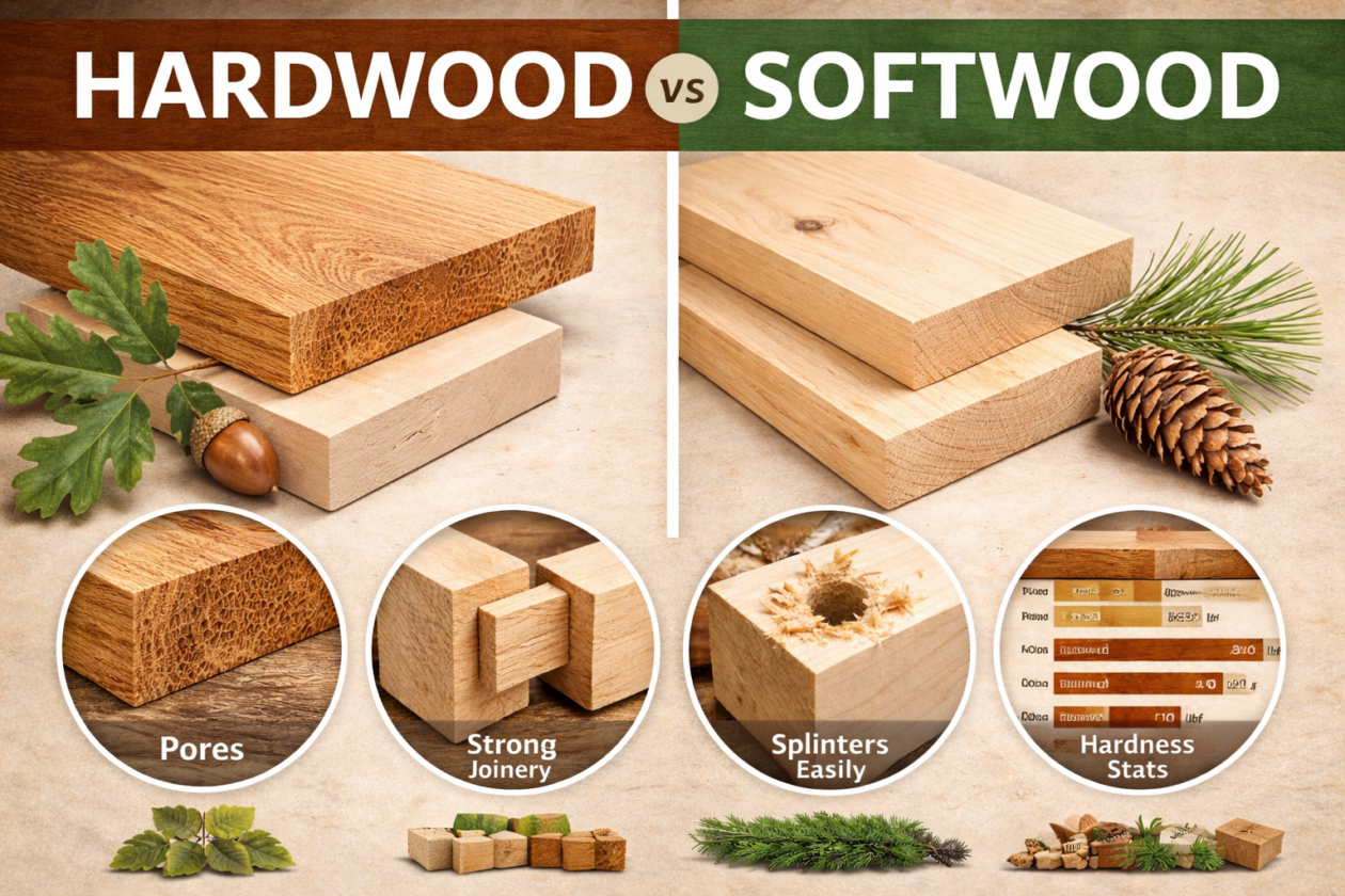 Side-by-side comparison of hardwood and softwood boards showing grain, pores, joinery strength, splintering, and Janka hardness differences.
