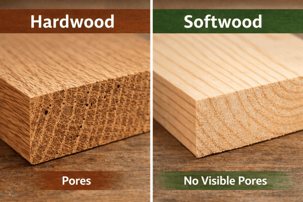 End grain comparison showing hardwood pores in oak versus smoother softwood structure in pine.