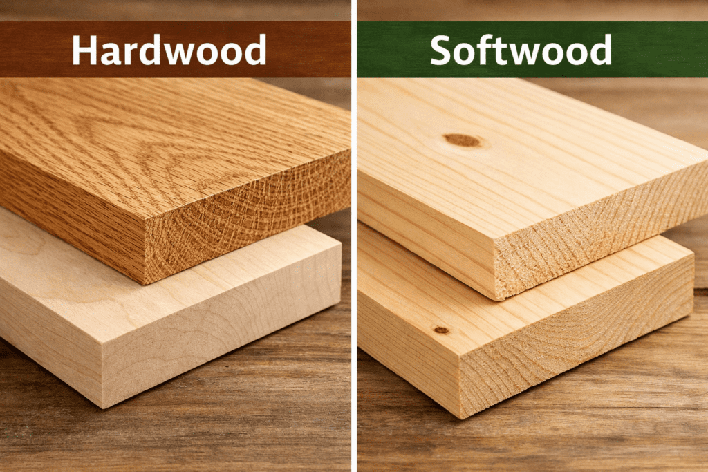 Hardwood vs softwood boards side by side showing grain differences between oak and pin