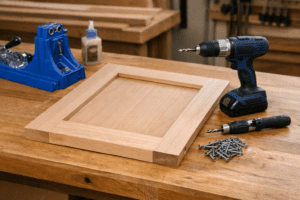 Kreg jig cabinet doors being assembled on workbench with pocket hole joinery
