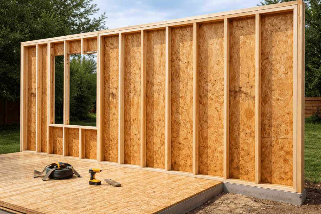 Exterior wall framing covered with CDX sheathing plywood panels before siding installation