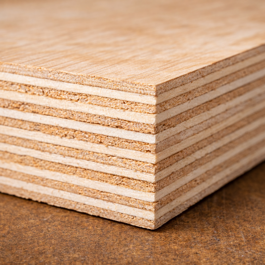 Close up of plywood cross section showing multiple veneer layers and core constructio