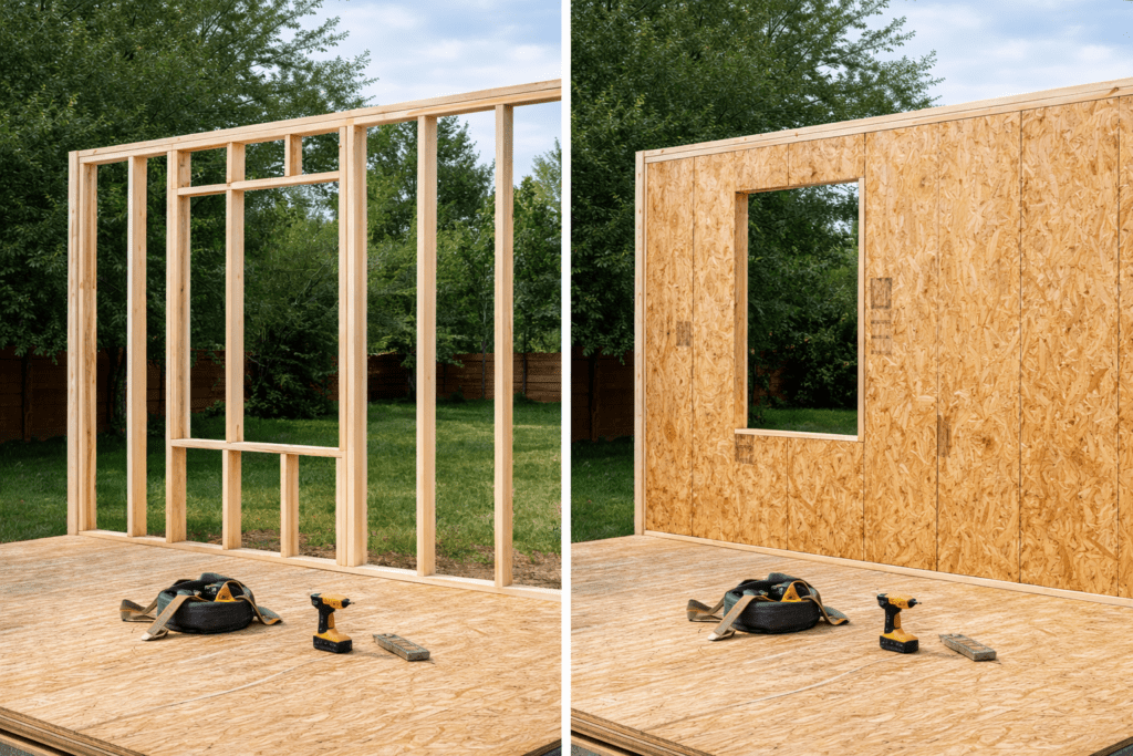 Wall framing before and after installing structural plywood sheathing