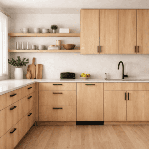 Modern kitchen cabinets made from ash plywood with clean grain and light finish