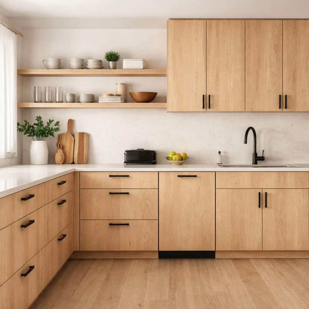 Modern kitchen cabinets made from ash plywood with clean grain and light finish
