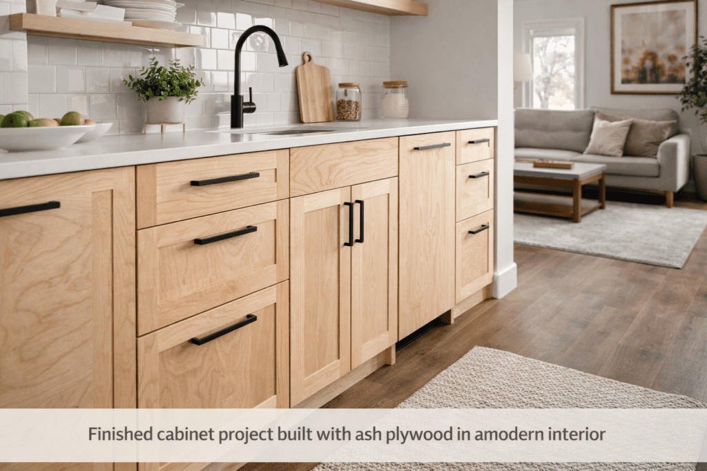 Finished cabinet project built with ash plywood in a modern interior