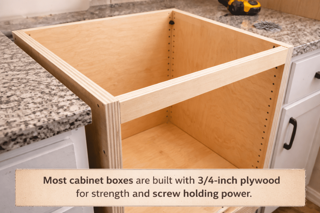 kitchen cabinet box built using 3/4 inch plywood panels