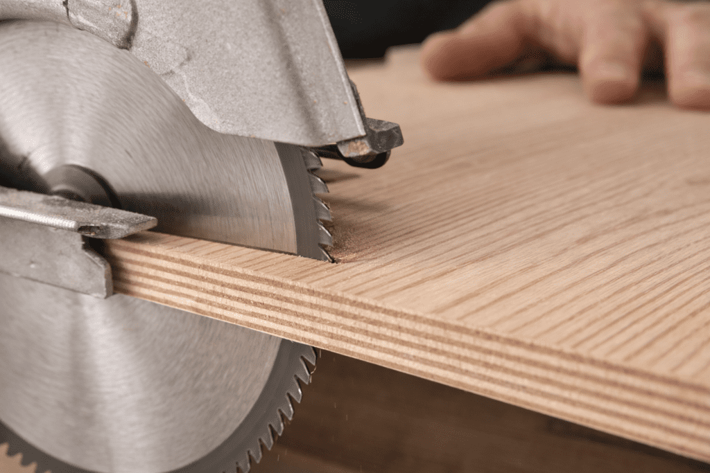 Cutting ash plywood with a fine-tooth blade to prevent tear-out