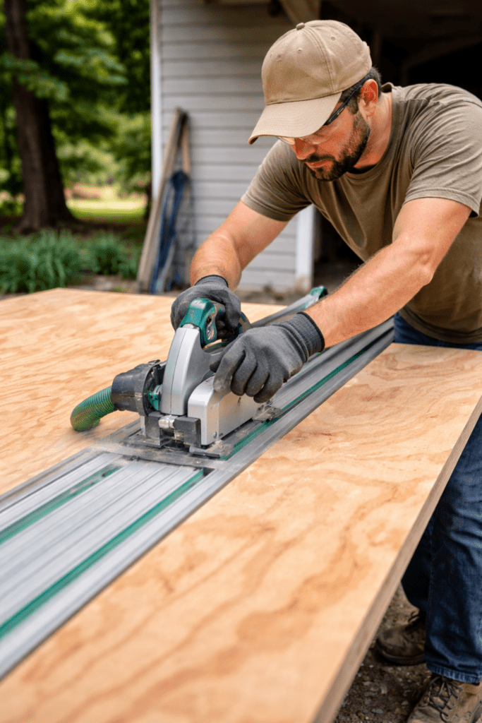 cutting plywood sheet with track saw before moving panels