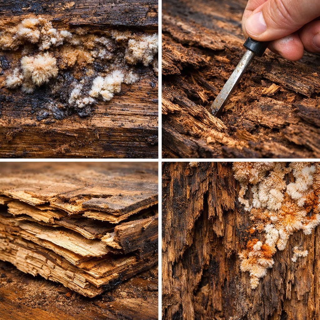 early signs of wood rot discoloration soft wood and moisture damage