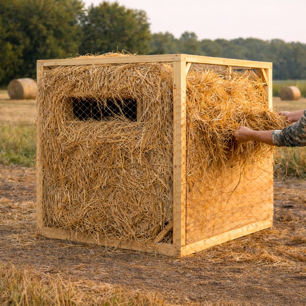 finished hay bale blind camouflaged with straw