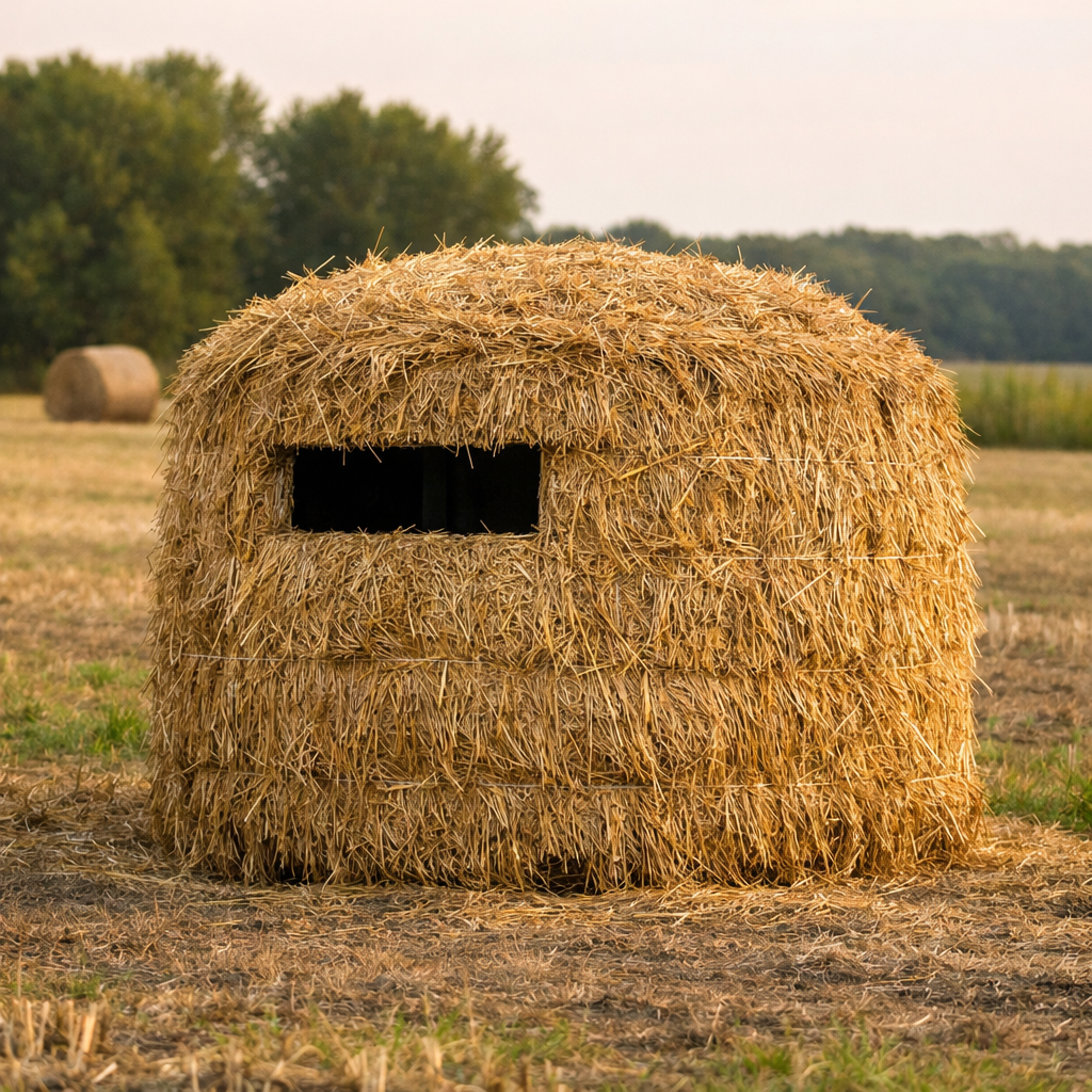 hay bale hunting blind camouflaged in farm field for deer hunting