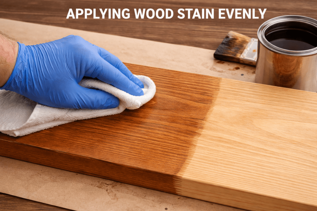 Applying wood stain evenly with cloth along the grain for smooth finish generate image