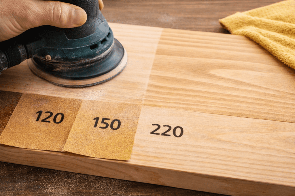 Sanding wood properly before staining using multiple grit levels for smooth finish generate image