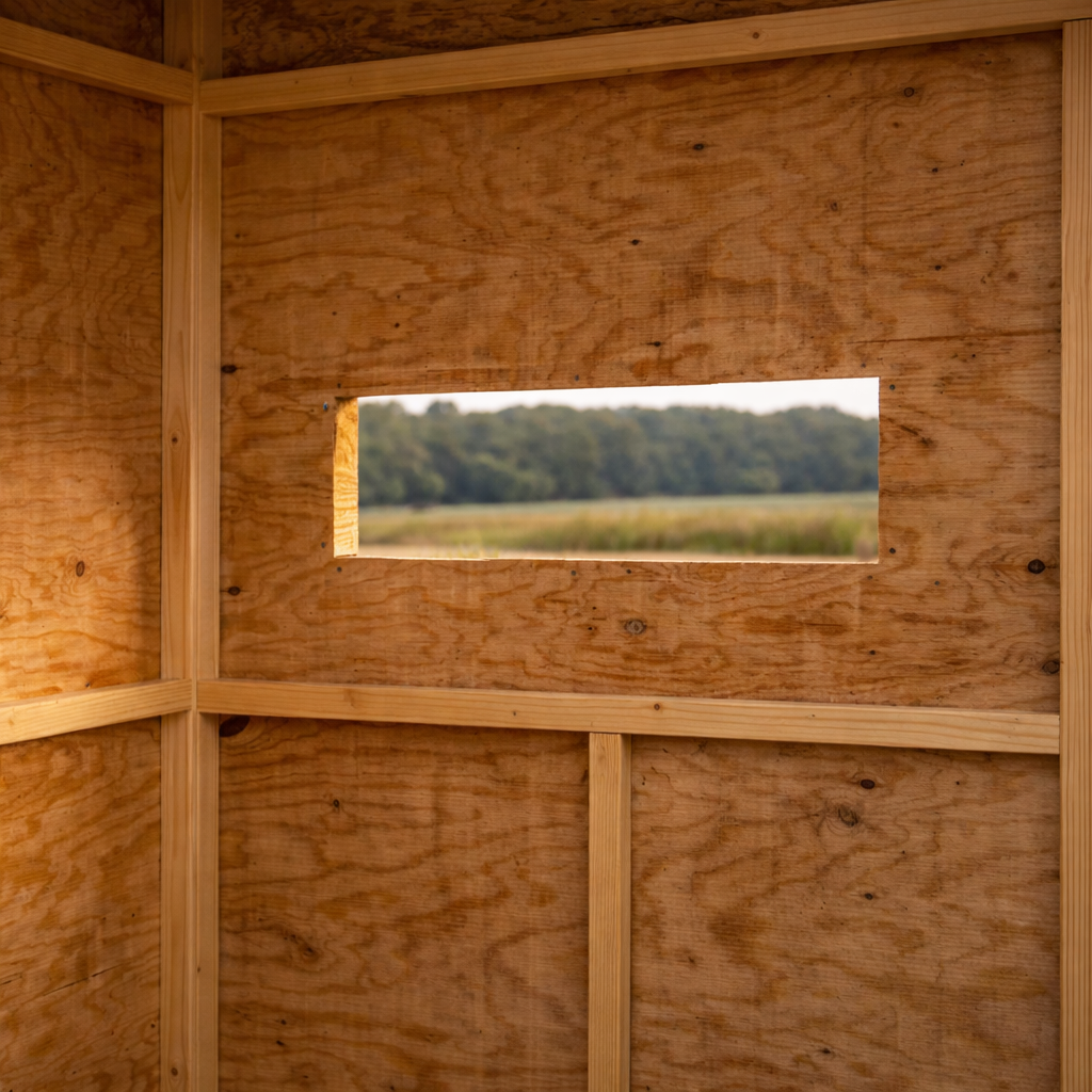 shooting window cut into plywood wall of hunting blind