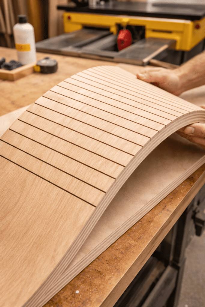 kerf cuts on backside of plywood used to bend the panel