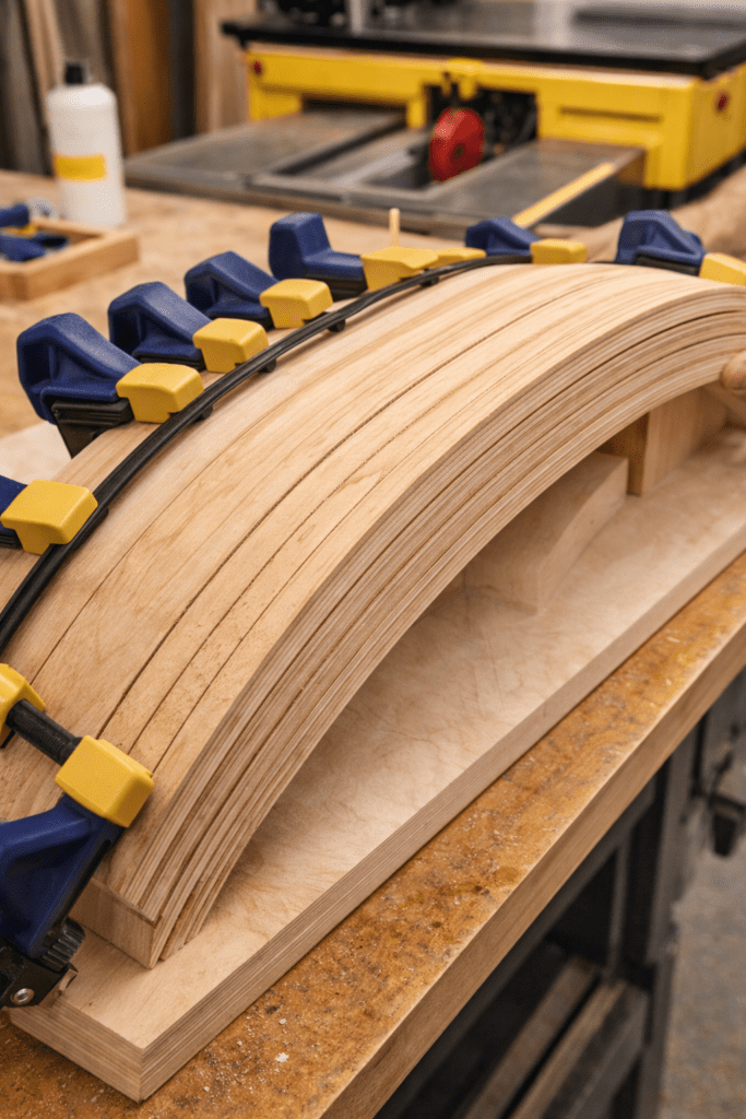 thin plywood sheets clamped on a curved mold for laminating