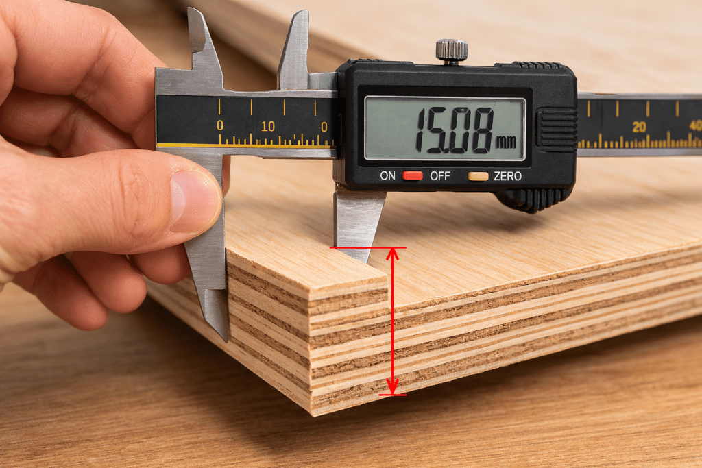 measuring plywood thickness using caliper showing actual sheet thickness
