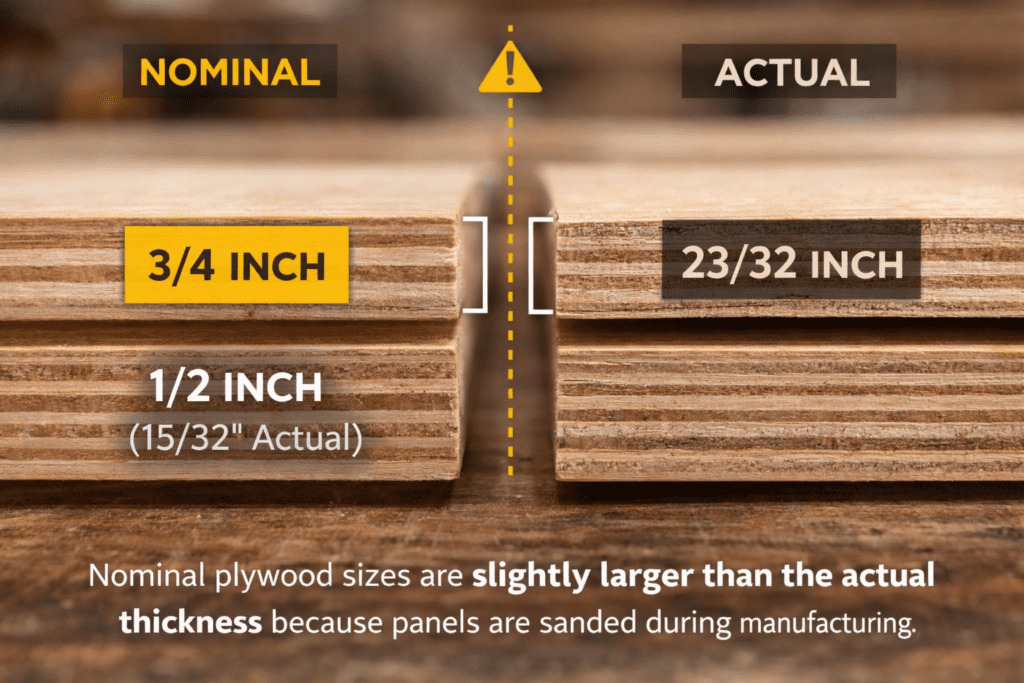 nominal vs actual plywood thickness comparison 3/4 inch vs 23/32 inch Caption